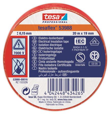 ISOLERINGSTAPE VDE/IEC PVC 20MX19MM RØD