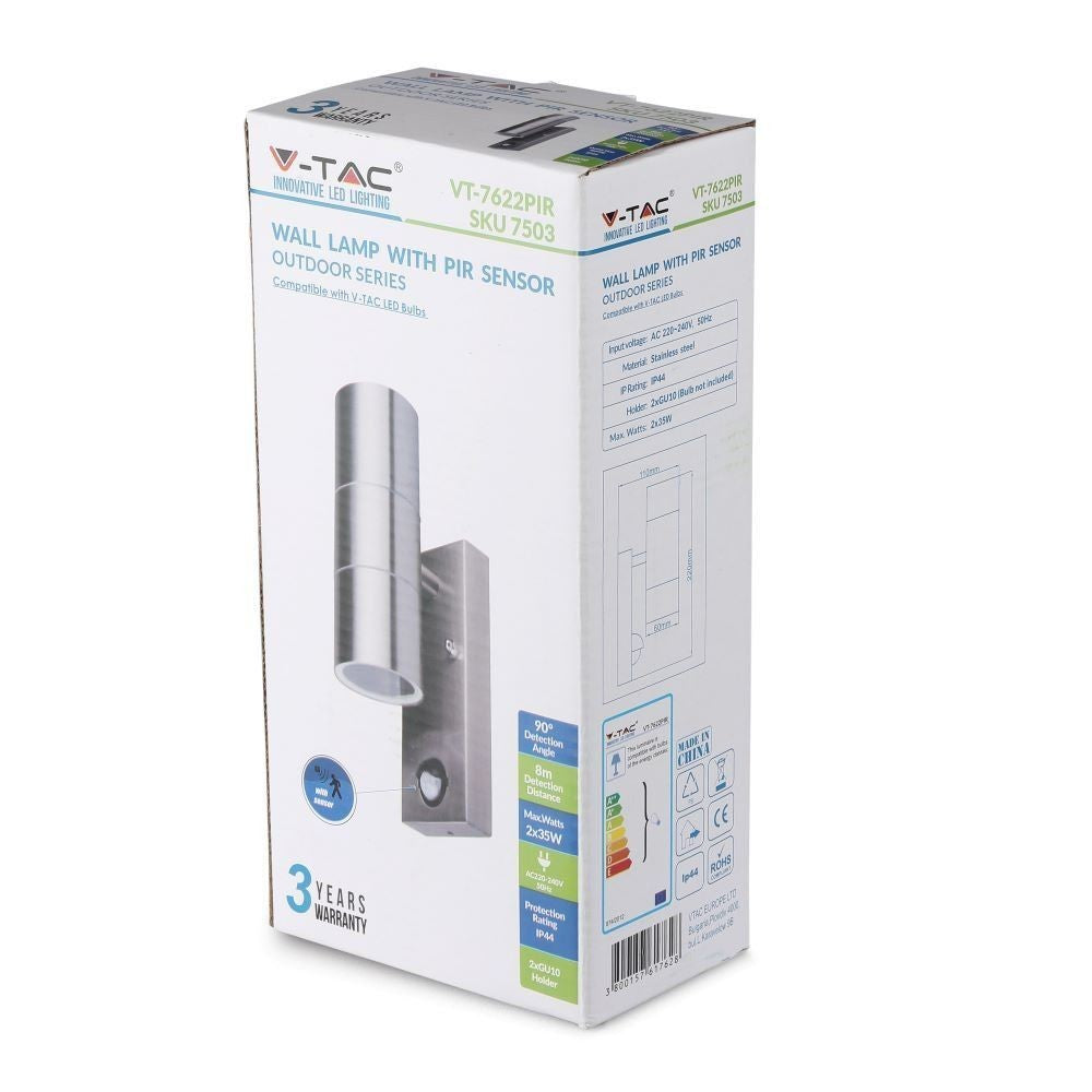 V-Tac Rustfri Udendørs Væglampe med Sensor - Op/Ned Lysretning, IP44, GU10 Fatning, 230V