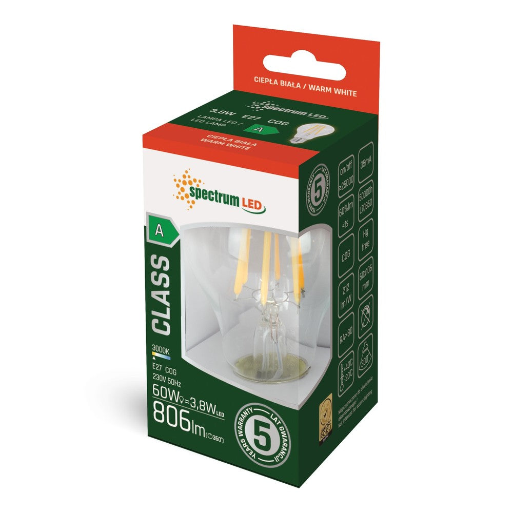 Spectrum 3,8W LED pære - Erstatning for 60W, 212 lm/W, A60, kultråd, klart glas, E27