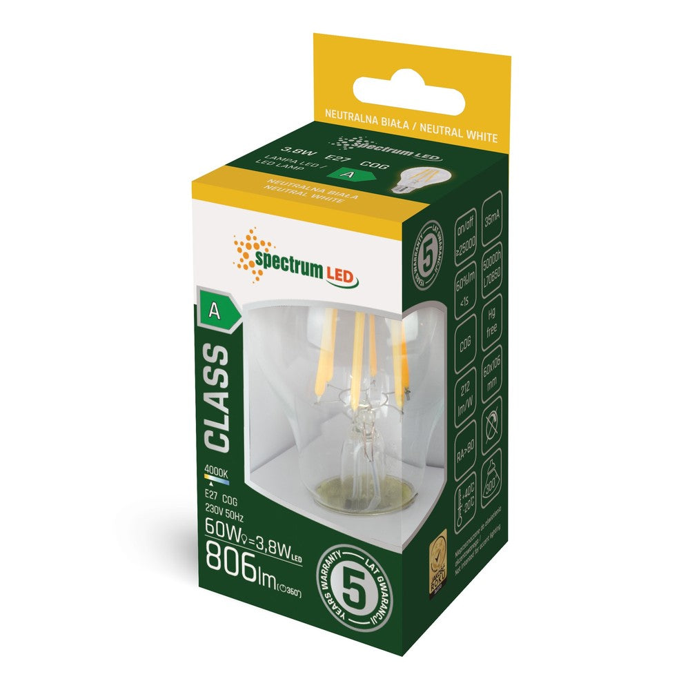 Spectrum 3,8W LED pære - Erstatning for 60W, 212 lm/W, A60, kultråd, klart glas, E27