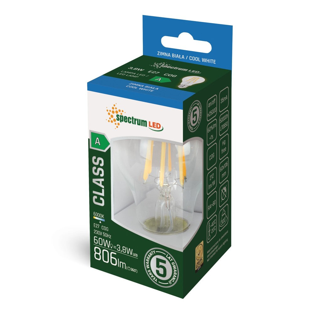 Spectrum 3,8W LED pære - Erstatning for 60W, 212 lm/W, A60, kultråd, klart glas, E27
