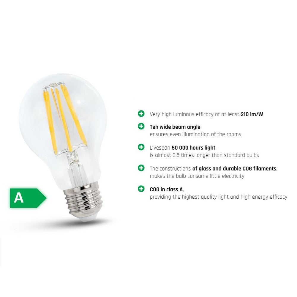 Spectrum 3,8W LED pære - Erstatning for 60W, 212 lm/W, A60, kultråd, klart glas, E27