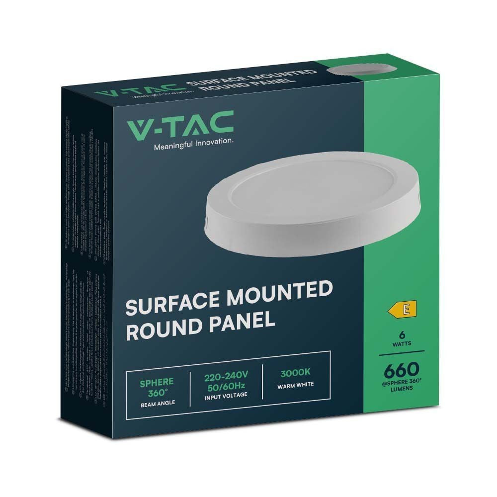 V-Tac 6W LED loftslampe - Ø12cm, Højde: 3cm, hvid kant, inkl. lyskilde, 660lm, RA80