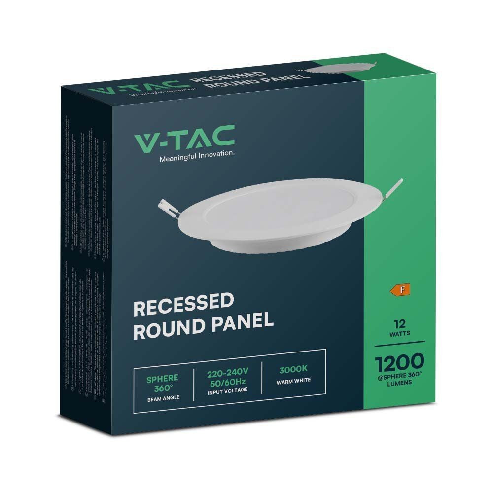 V-Tac 12W LED Indbygningspanel - Ø15,5 cm Hul, Ø18 cm Mål, 230V, 1200lm, RA80
