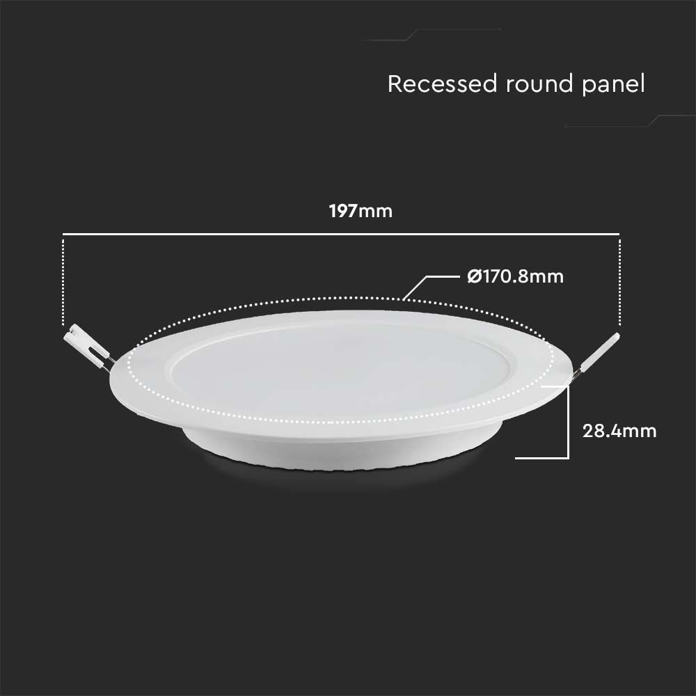 V-Tac 12W LED Indbygningspanel - Ø15,5 cm Hul, Ø18 cm Mål, 230V, 1200lm, RA80