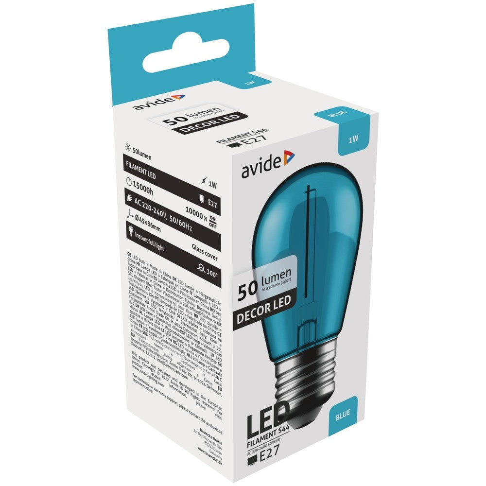 1W Blå Farvet LED Kronepære - Kultråd, E27 Stor Fatning, 230V Input, 50lm, RA80