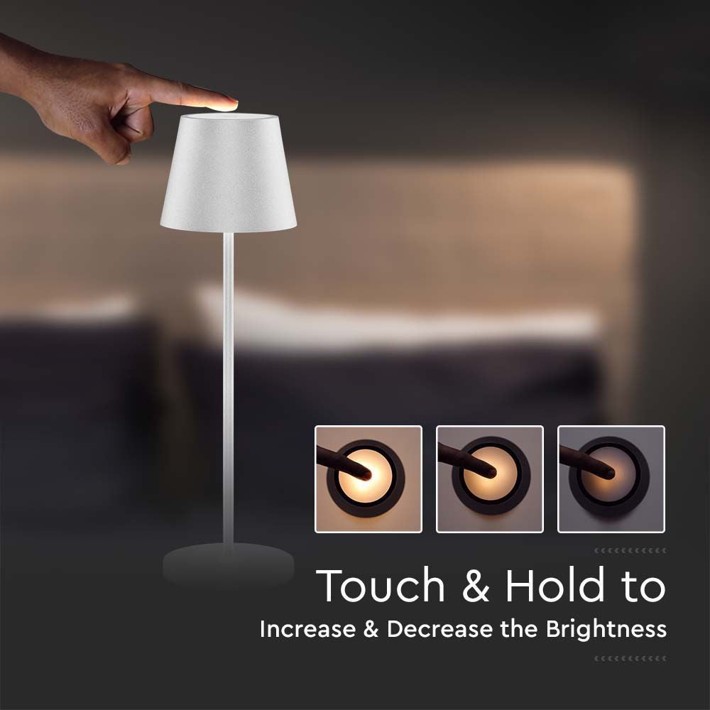 V-Tac Mini Opladelig Bordlampe - Hvid, Trådløs og IP54 Udendørs, Touch Dæmpbar, Effekt: 2W, Lysstyrke: 200lm, Farvegengivelse: RA80