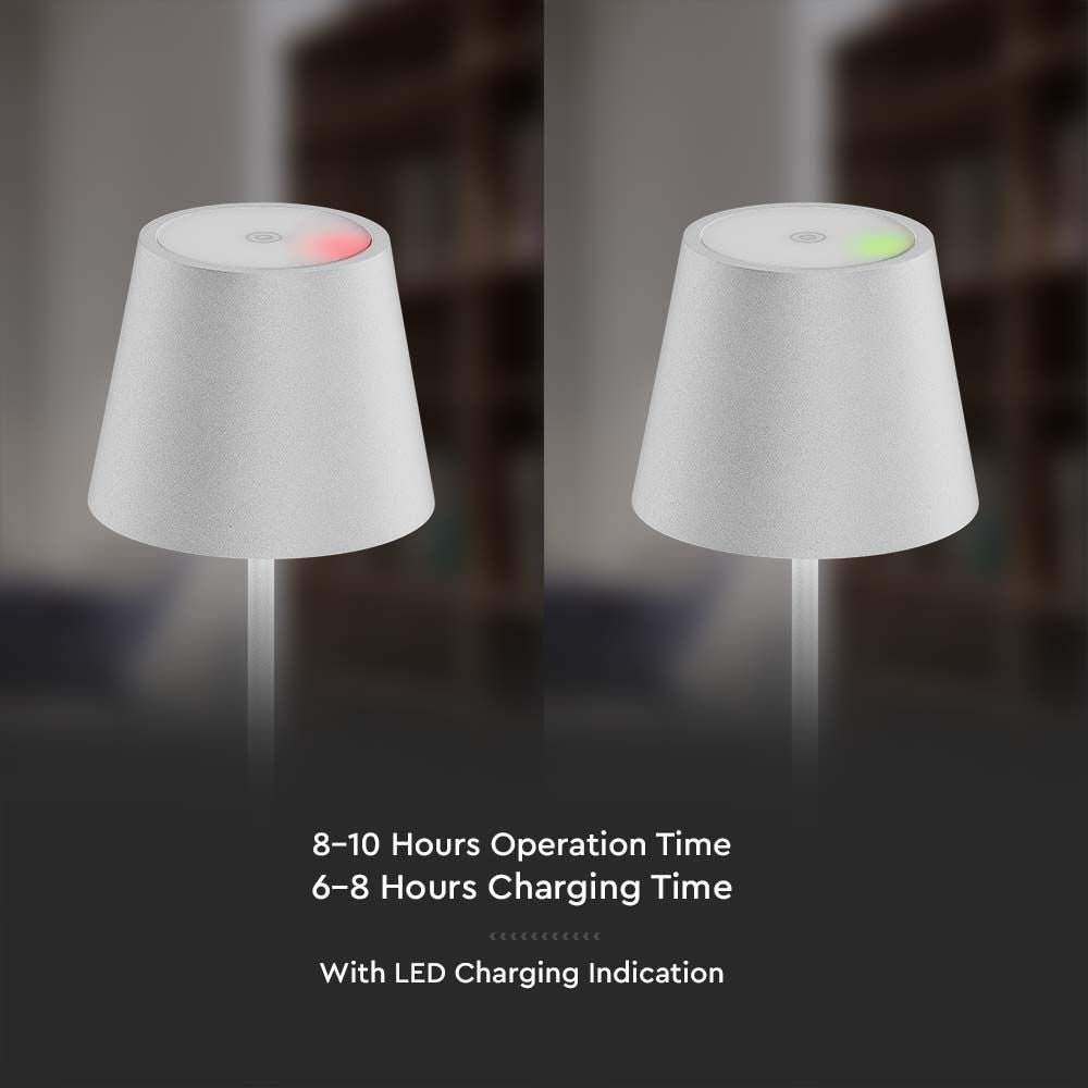 V-Tac Mini Opladelig Bordlampe - Hvid, Trådløs og IP54 Udendørs, Touch Dæmpbar, Effekt: 2W, Lysstyrke: 200lm, Farvegengivelse: RA80