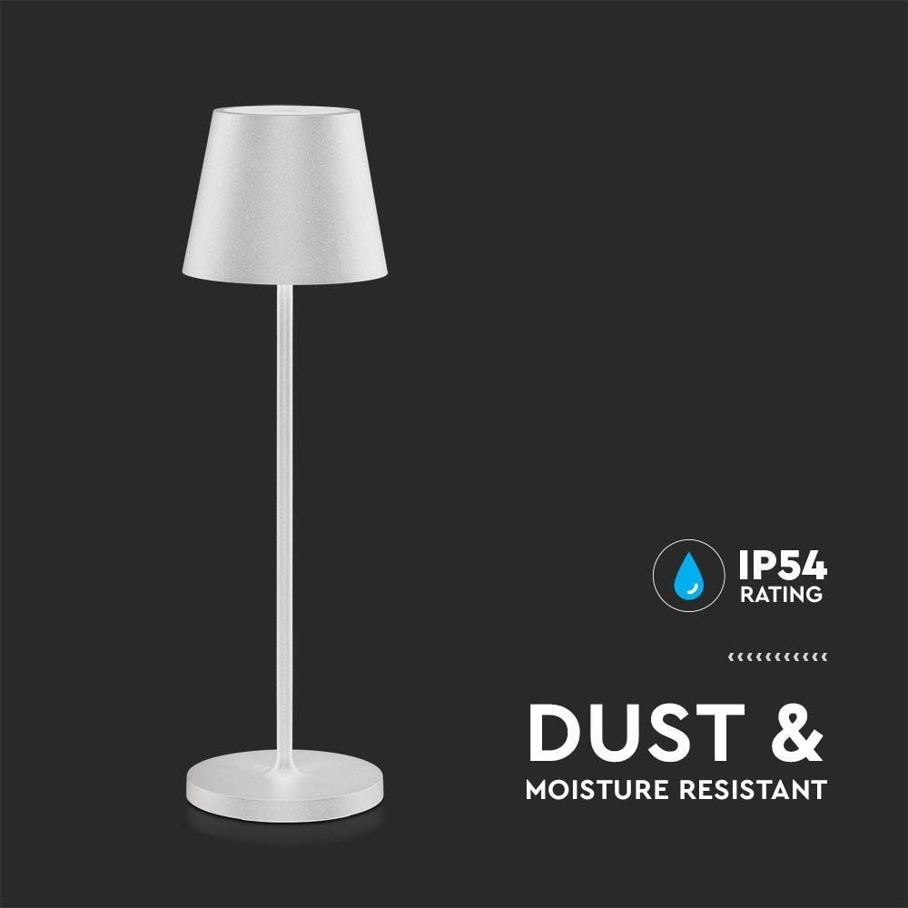 V-Tac Mini Opladelig Bordlampe - Hvid, Trådløs og IP54 Udendørs, Touch Dæmpbar, Effekt: 2W, Lysstyrke: 200lm, Farvegengivelse: RA80