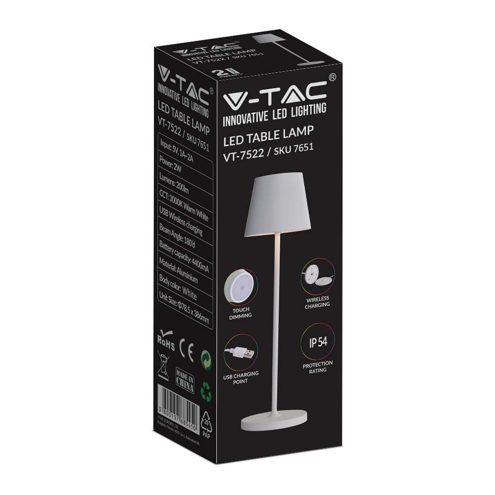 V-Tac Mini Opladelig Bordlampe - Hvid, Trådløs og IP54 Udendørs, Touch Dæmpbar, Effekt: 2W, Lysstyrke: 200lm, Farvegengivelse: RA80