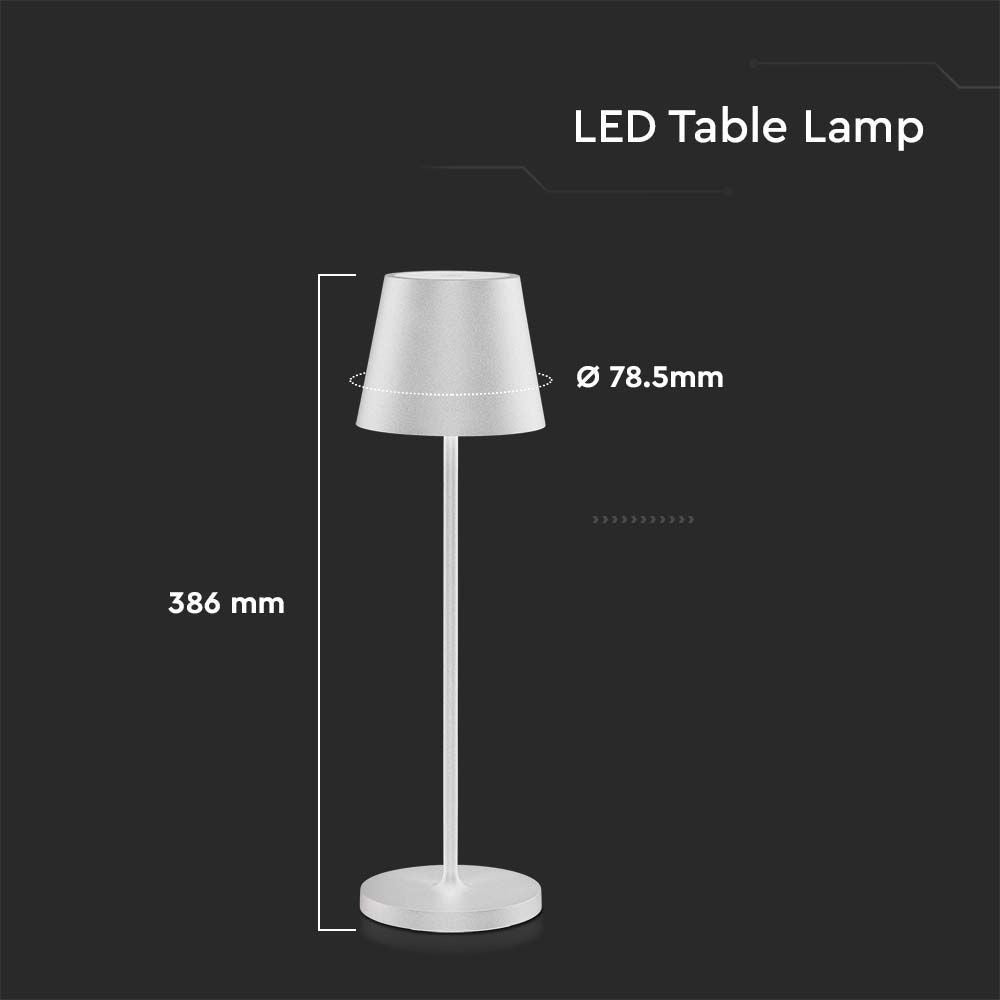 V-Tac Mini Opladelig Bordlampe - Hvid, Trådløs og IP54 Udendørs, Touch Dæmpbar, Effekt: 2W, Lysstyrke: 200lm, Farvegengivelse: RA80
