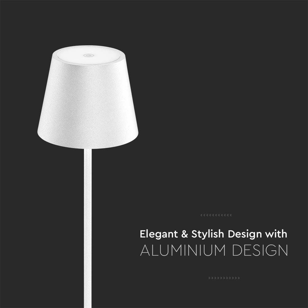V-Tac Mini Opladelig Bordlampe - Hvid, Trådløs og IP54 Udendørs, Touch Dæmpbar, Effekt: 2W, Lysstyrke: 200lm, Farvegengivelse: RA80