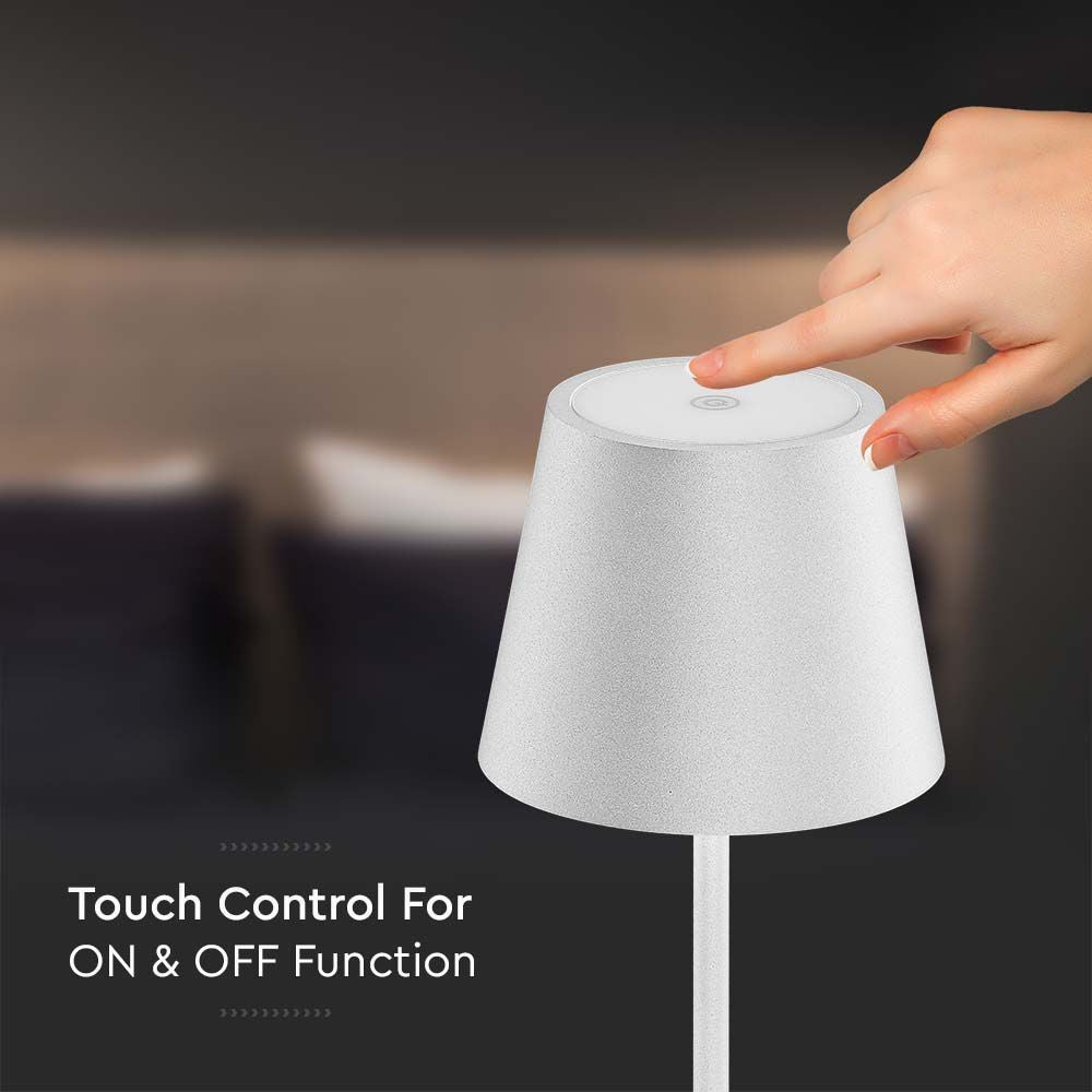 V-Tac Mini Opladelig Bordlampe - Hvid, Trådløs og IP54 Udendørs, Touch Dæmpbar, Effekt: 2W, Lysstyrke: 200lm, Farvegengivelse: RA80