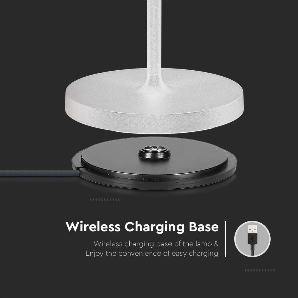 V-Tac Mini Opladelig Bordlampe - Hvid, Trådløs og IP54 Udendørs, Touch Dæmpbar, Effekt: 2W, Lysstyrke: 200lm, Farvegengivelse: RA80