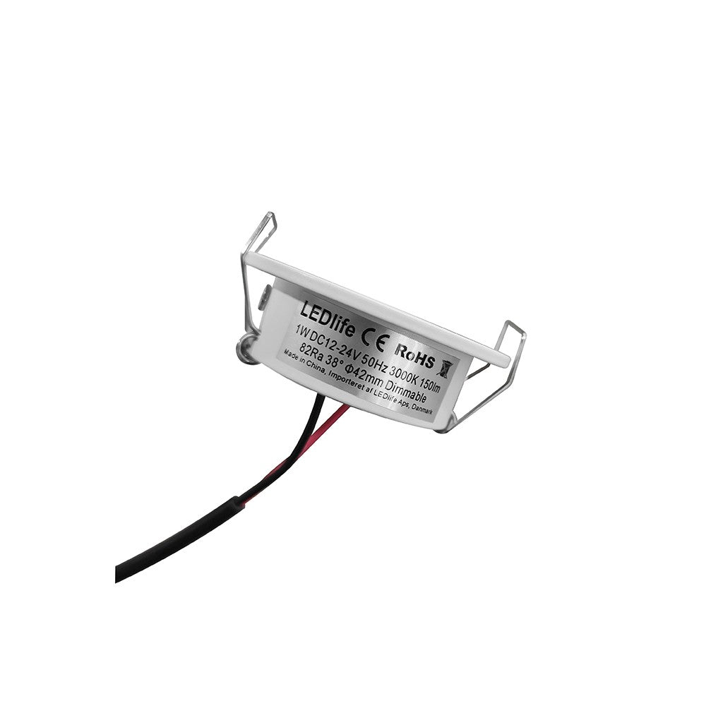 1W LED Indbygningsspot Hvid - Dæmpbar, Erstatter 15W, 12V/24V, Ø4,2 cm hul, Ø5,2 cm mål, 2,2 cm høj, 95lm, RA82