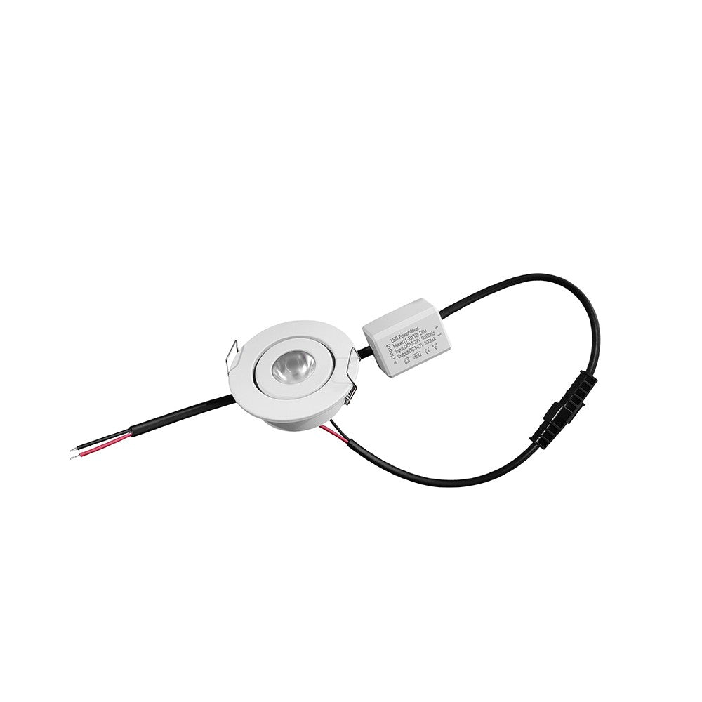 1W LED Indbygningsspot Hvid - Dæmpbar, Erstatter 15W, 12V/24V, Ø4,2 cm hul, Ø5,2 cm mål, 2,2 cm høj, 95lm, RA82