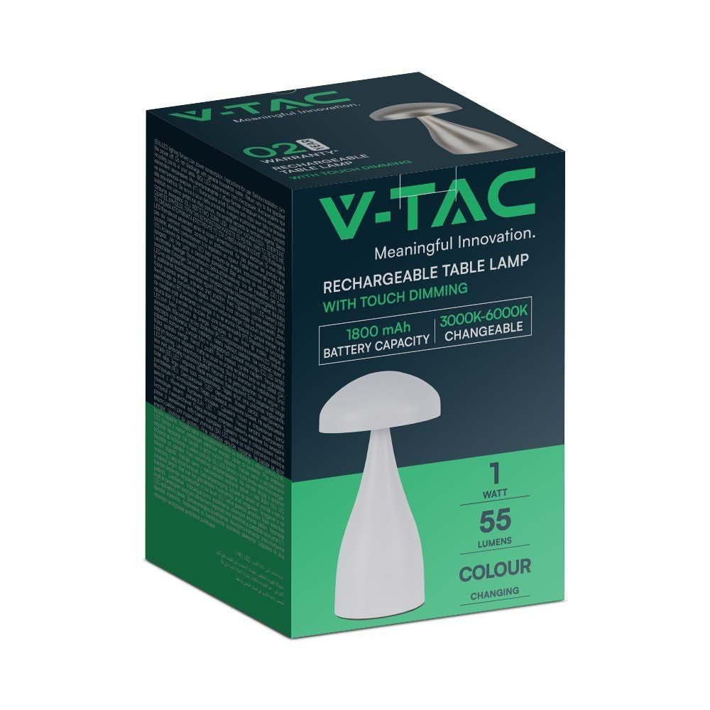 V-Tac Mini Opladelig CCT Bordlampe - Hvid, IP20, Touch Dæmpbar, Effekt: 1W, Lysstyrke: 55lm