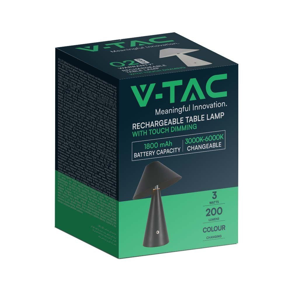 V-Tac Sort Opladelig 3i1 Bordlampe - IP20, Touch Dæmpbar - 3W, 200lm