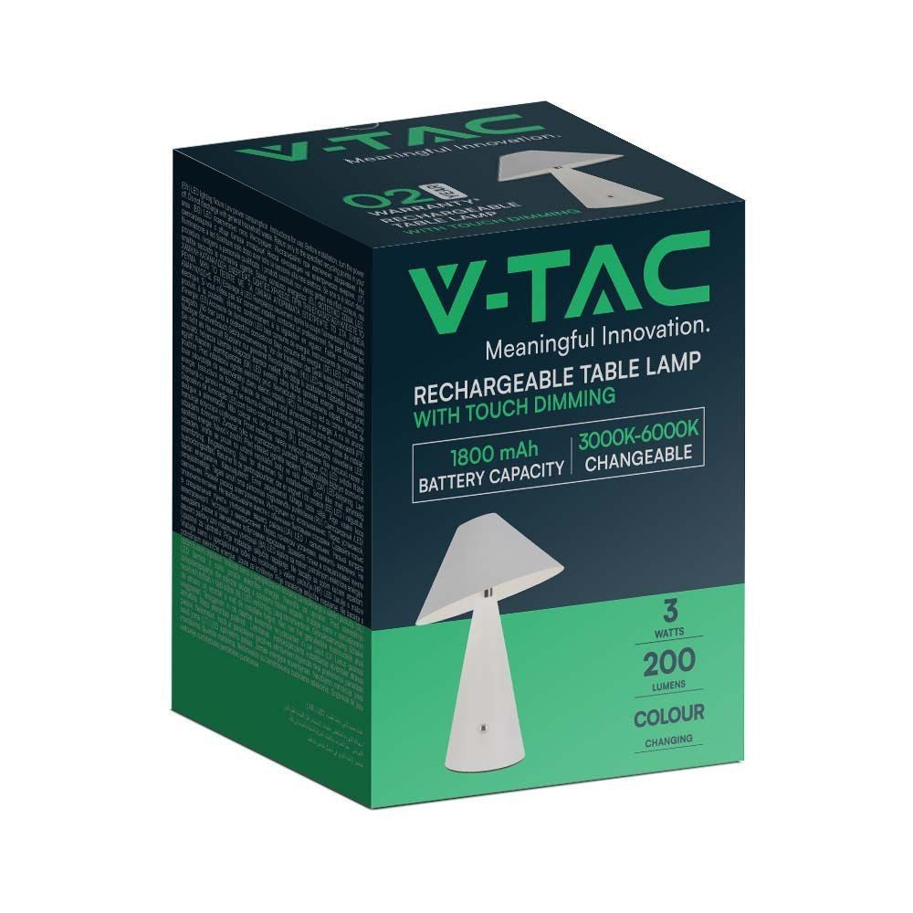 V-Tac Opladelig 3i1 Bordlampe - Hvid, IP20, Touch Dæmpbar - 3W, 200lm