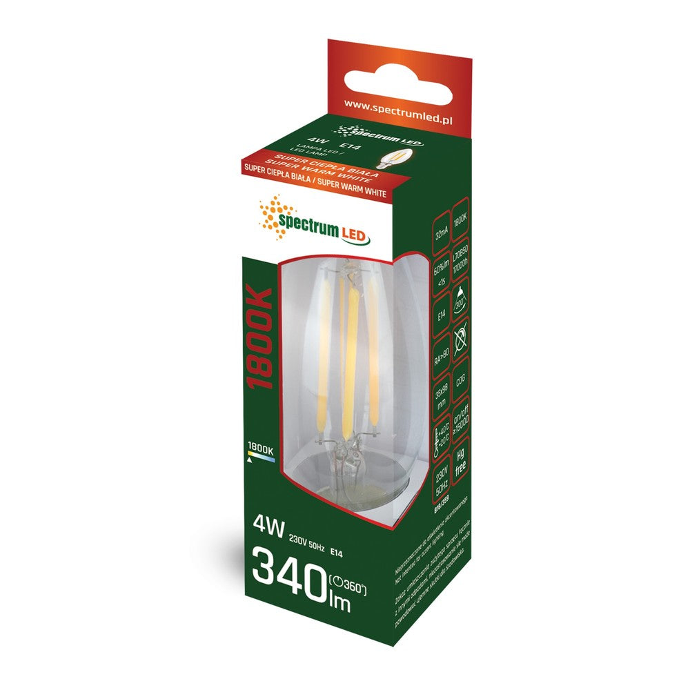 Spectrum 4W LED pære - C35, kultråd, varm hvid, 1800K, E14 - 340lm, RA80, Flicker free