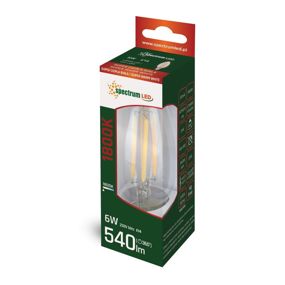 Spectrum 6W LED pære - C35, kultråd, ekstra varm hvid, 1800K, E14 - Energieffektiv og stemningsfuld belysning til dit hjem.
