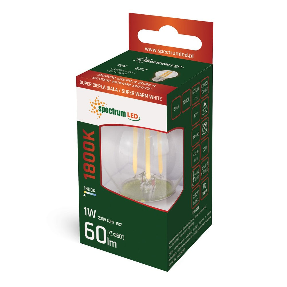 Spectrum 1W LED kronepære - G45, kultråd, ekstra varm hvid, 1800K, E27