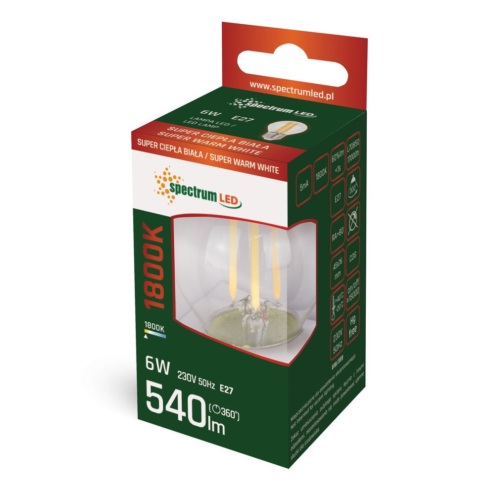 Spectrum 6W LED kronepære - G45, kultråd, ekstra varm hvid, 1800K, E27