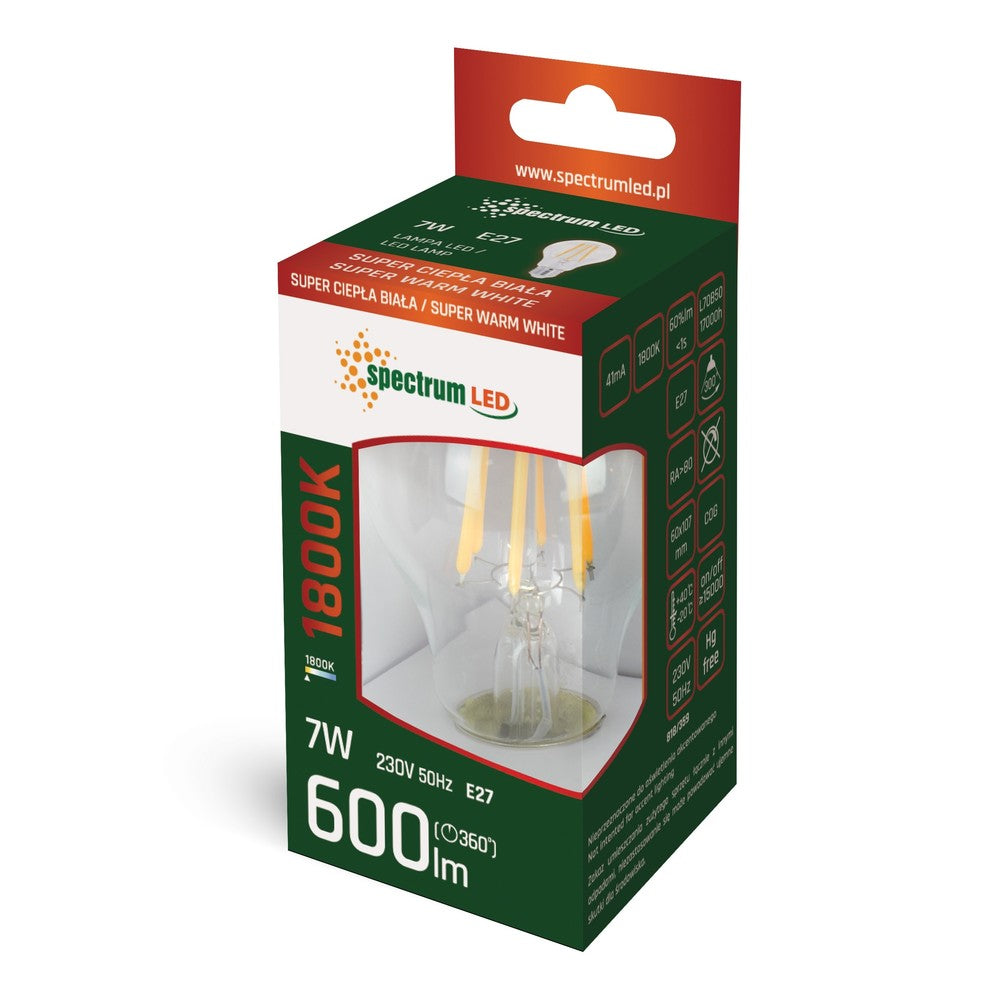 Spectrum 7W LED Pære - A60, kultråd, ekstra varm hvid, 1800K, E27, 600lm