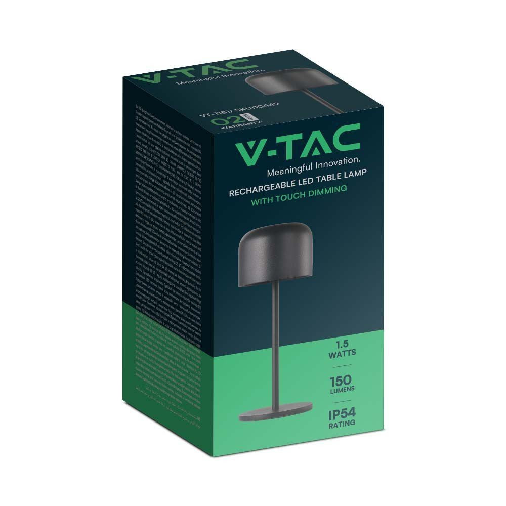 V-Tac Mini Opladelig CCT Bordlampe - Sort, IP54, Touch Dæmpbar, 1.5W, 150lm