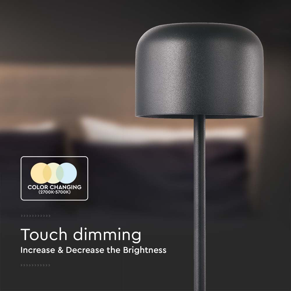V-Tac Mini Opladelig CCT Bordlampe - Sort, IP54, Touch Dæmpbar, 1.5W, 150lm
