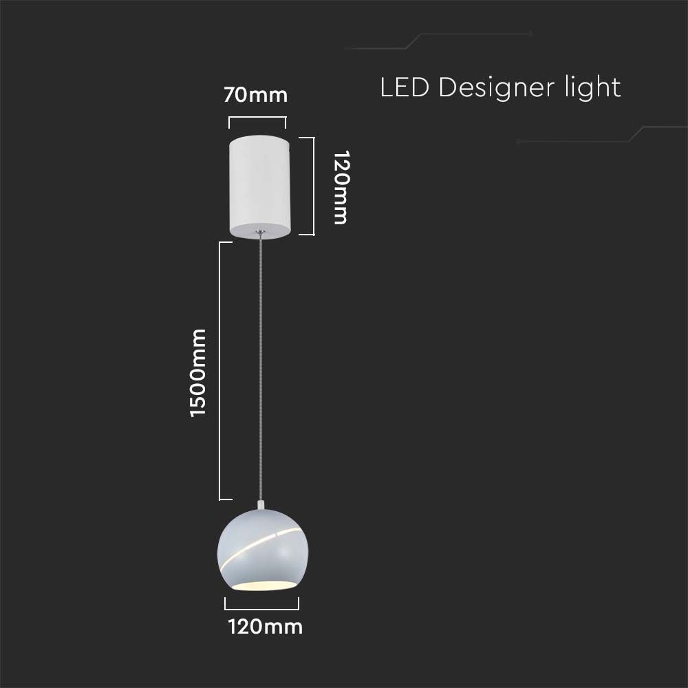 V-Tac LED loftlampe - Hvid Ø12 inkl. ophæng, 8,5W, 230V, 850lm, RA80, Flicker free