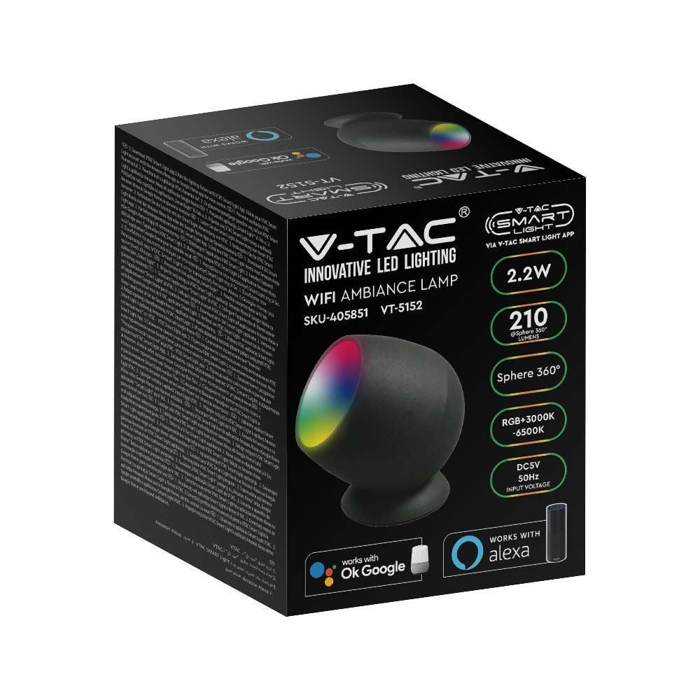 Smart Home lampe med RGB+WW, Sort, Tuya/Smart Life, Kompatibel med Google Home, Alexa og smartphones