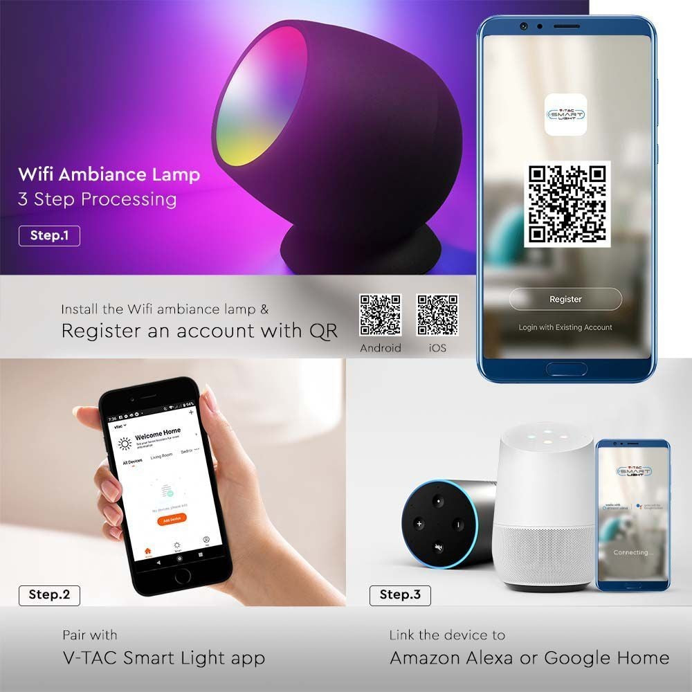 Smart Home lampe med RGB+WW, Sort, Tuya/Smart Life, Kompatibel med Google Home, Alexa og smartphones