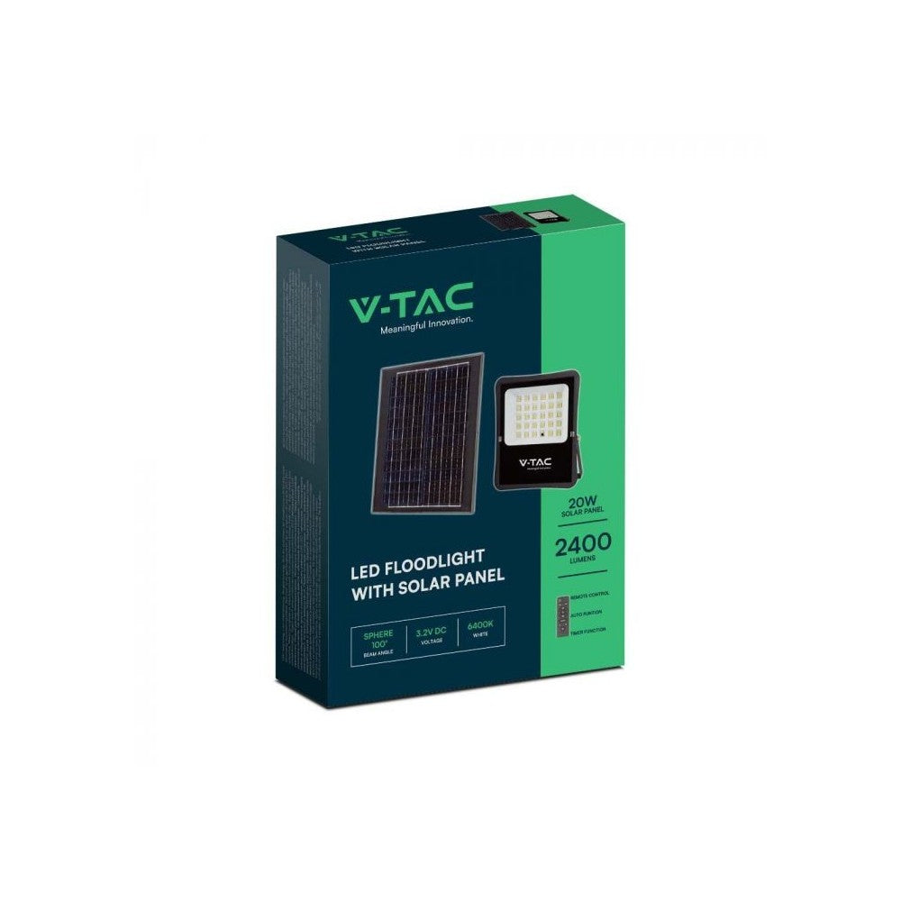 V-Tac 300W Solcelle projektør LED - Sort, inkl. solcelle, fjernbetjening, IP65. Effekt: 20W. 2400lm. RA80. IP65.