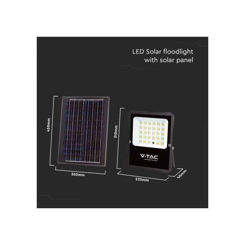 V-Tac 300W Solcelle projektør LED - Sort, inkl. solcelle, fjernbetjening, IP65. Effekt: 20W. 2400lm. RA80. IP65.