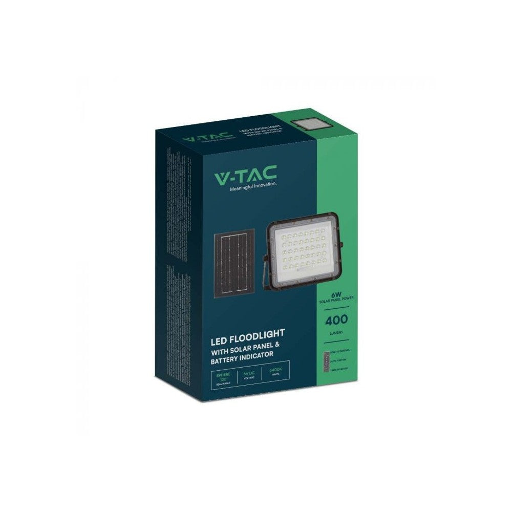 V-Tac 40W Solcelle projektør LED - Sort, inkl. solcelle, fjernbetjening, indbygget batteri, IP65 - 6W, 400lm, RA80, IP65