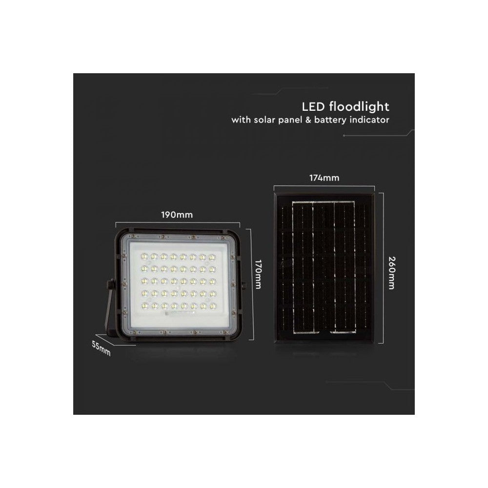 V-Tac 40W Solcelle projektør LED - Sort, inkl. solcelle, fjernbetjening, indbygget batteri, IP65 - 6W, 400lm, RA80, IP65