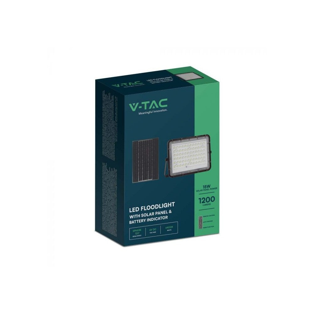 V-Tac 120W Solcelle projektør LED - Sort, inkl. solcelle, fjernbetjening, batteri, IP65