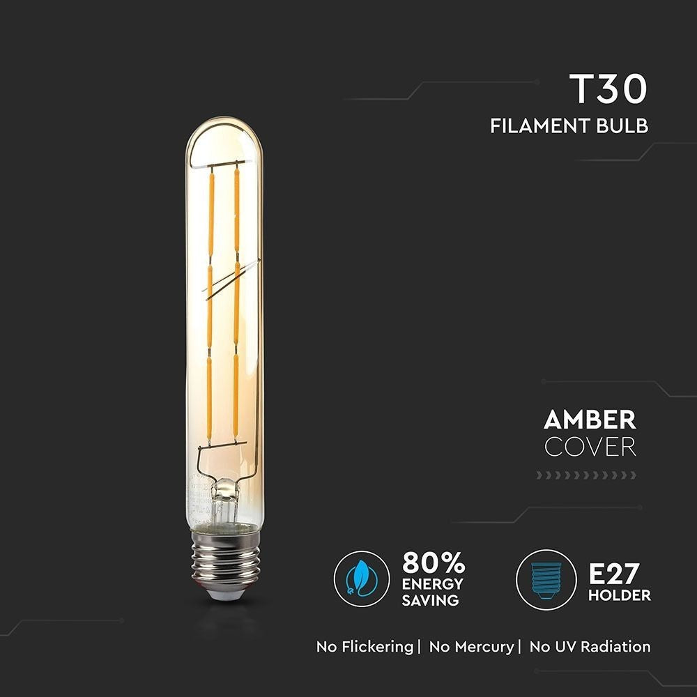 V-Tac 6W LED pære - Kultråd, T30, ekstra varm hvid, 2200K, E27 - Erstatning for 50W - 230V - 600lm - RA80