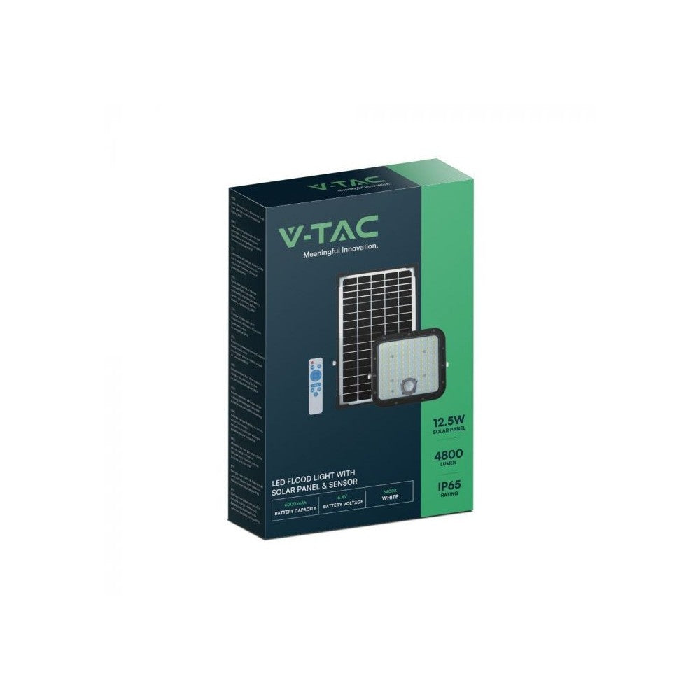 V-Tac 30W Solcelle projektør LED - Sort, inkl. solcelle, fjernbetjening, indbygget batteri, IP65