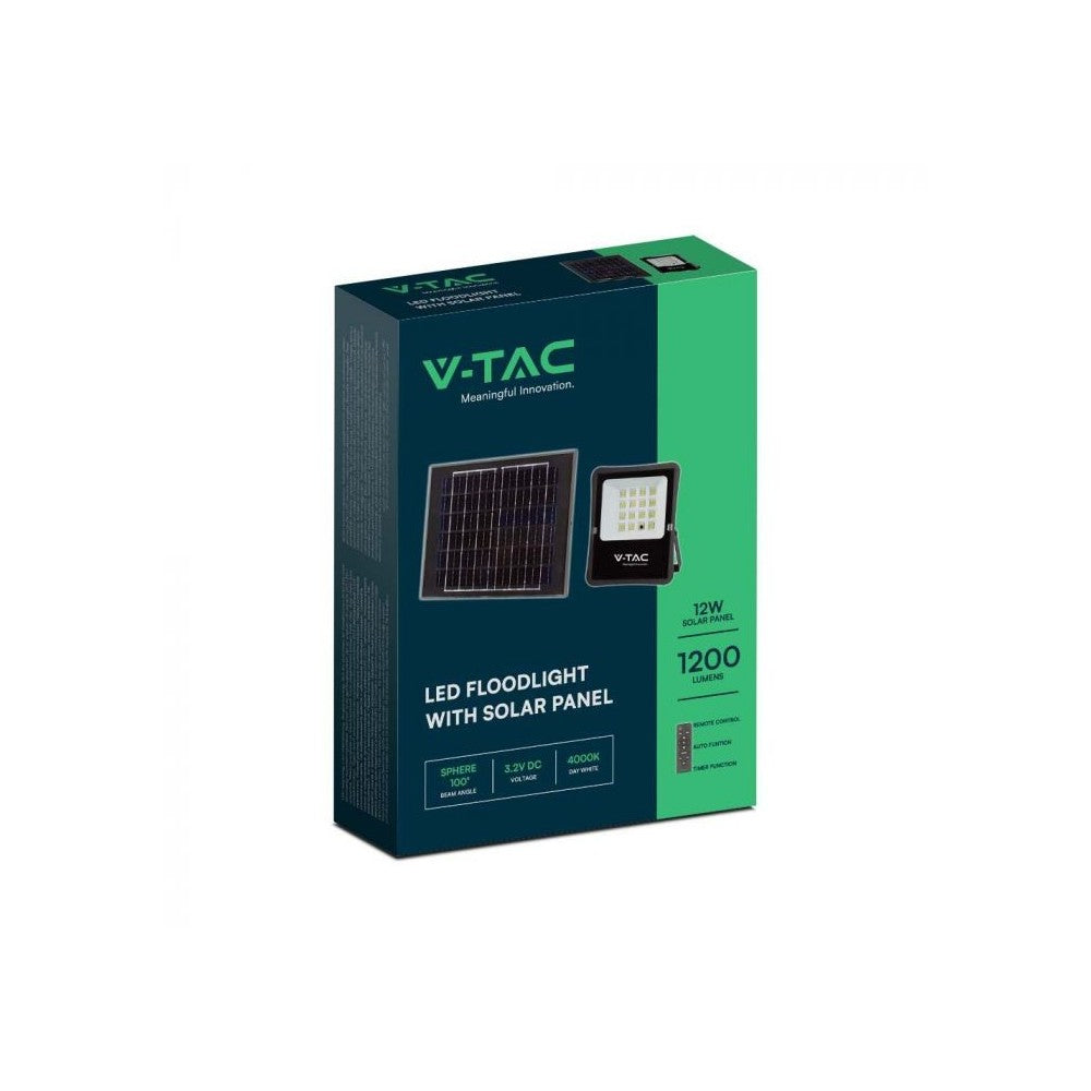 V-Tac 100W Solcelle projektør LED - Sort, inkl. solcelle, fjernbetjening, IP65