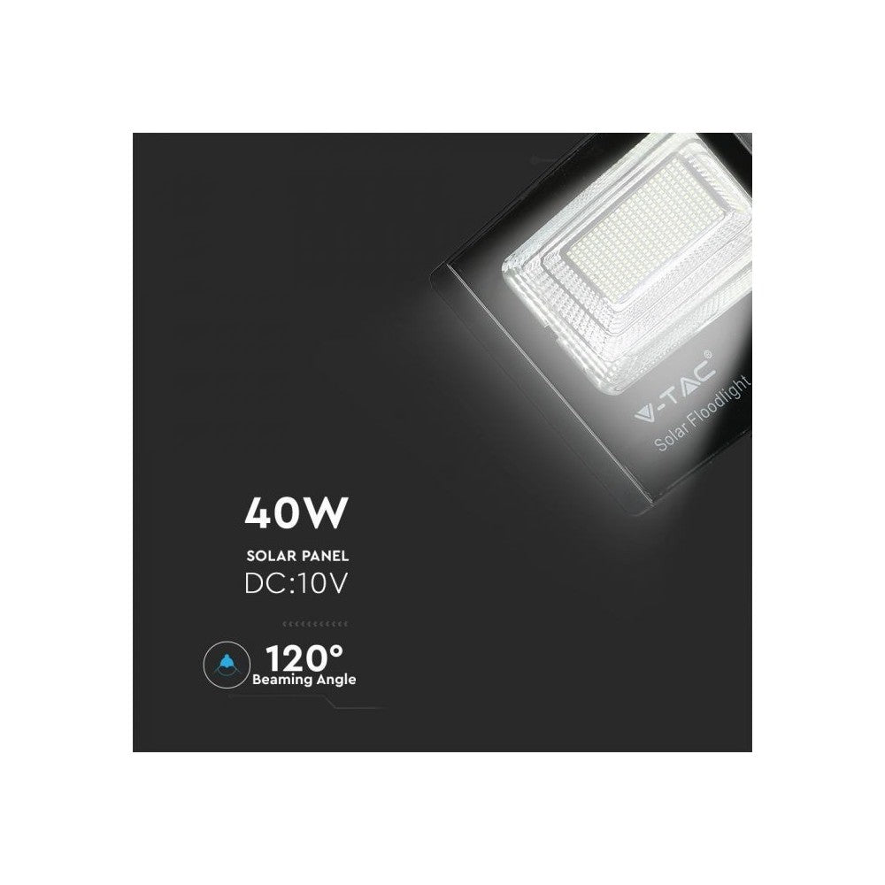V-Tac 40W Solcelle Projektør LED - Sort, inkl. solcelle, fjernbetjening, IP65