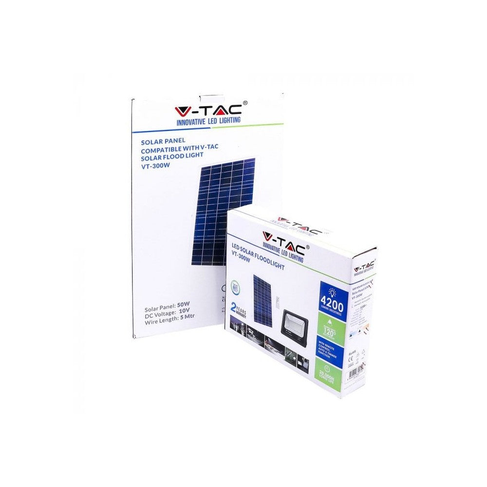 V-Tac 50W Solcelle Projektør LED - Sort, inkl. solcelle og fjernbetjening, IP65, 4200lm, RA70, Vandtæt