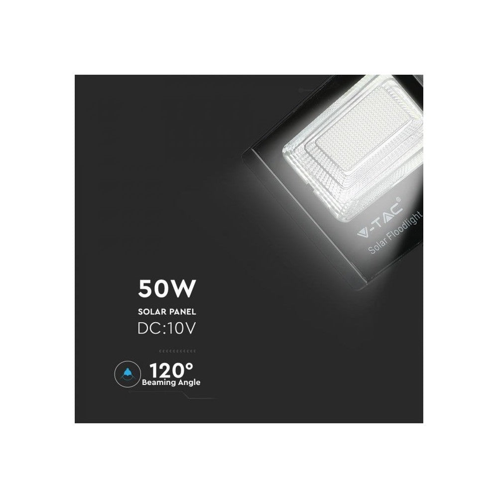 V-Tac 50W Solcelle Projektør LED - Sort, inkl. solcelle og fjernbetjening, IP65, 4200lm, RA70, Vandtæt