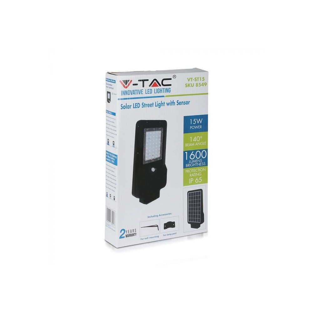 V-Tac 15W Solcelle gadelampe LED - Sort, inkl. solcelle, sensor, IP65