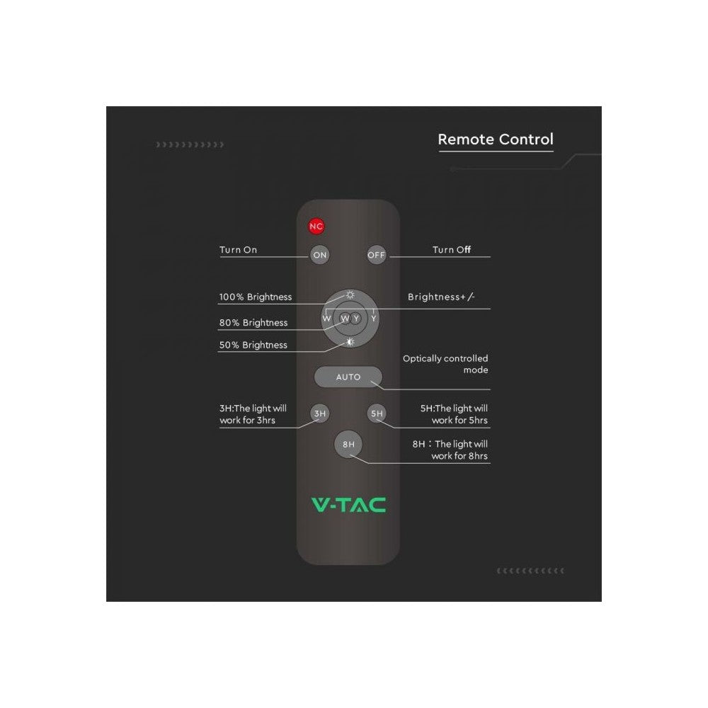 V-Tac Solcelle gadelampe LED - Inkl. fjernbetjening, IP65 - 60W, 3000lm, RA80