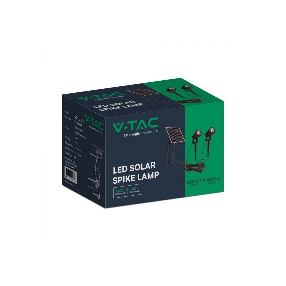 V-Tac 2x1.2W Sorte Solcelle Havelamper med Spyd - 5W, IP65, 2x90lm, RA80, 3 års producentgaranti