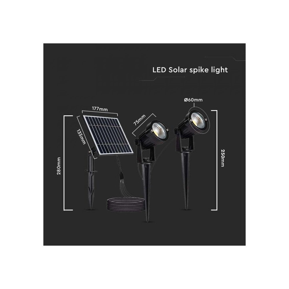 V-Tac 2x1.2W Sorte Solcelle Havelamper med Spyd - 5W, IP65, 2x90lm, RA80, 3 års producentgaranti