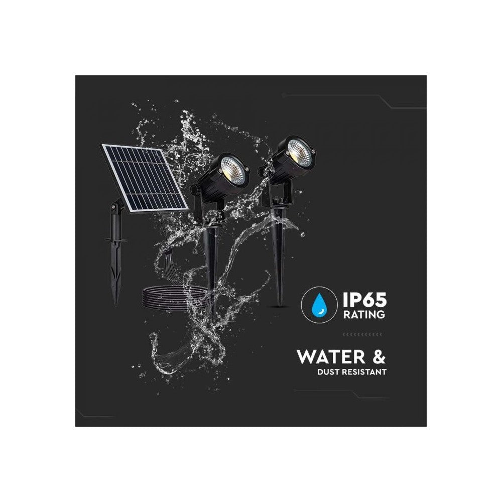 V-Tac 2x1.2W Sorte Solcelle Havelamper med Spyd - 5W, IP65, 2x90lm, RA80, 3 års producentgaranti