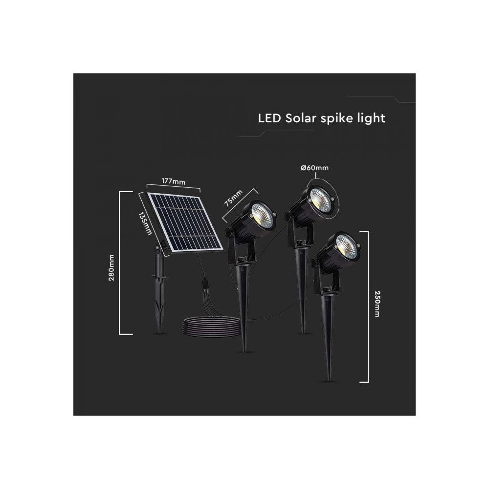 V-Tac Sorte Solcelle Havelamper med LED (3x1.2W) - Inkluderer Spyd og har IP65 Vandtæthed - 3 års Producentgaranti